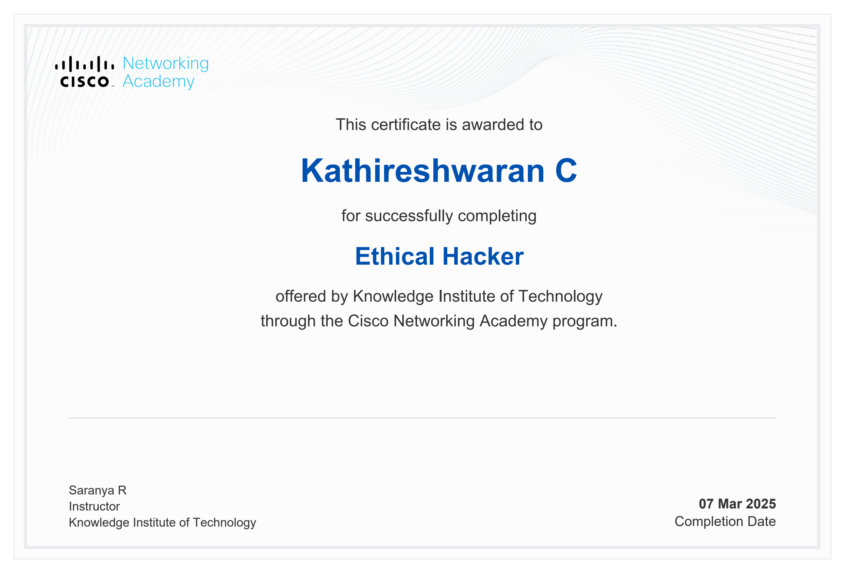Ethical Hacker Certificate by Cisco Networking Academy