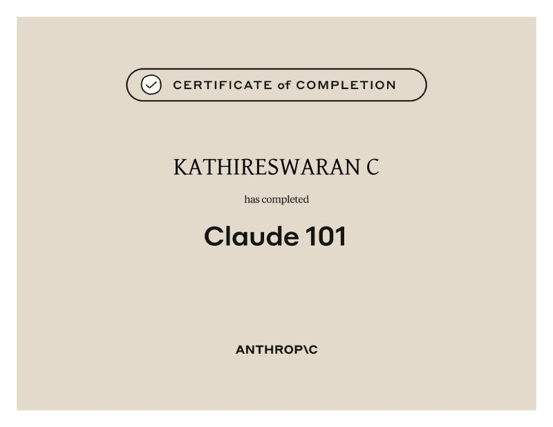 Claude 101 Certificate of Completion by Anthropic