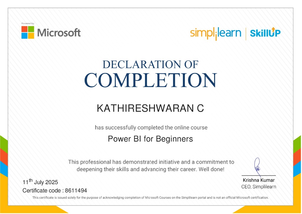 Power BI for Beginners Certificate of Completion by Simplilearn & Microsoft