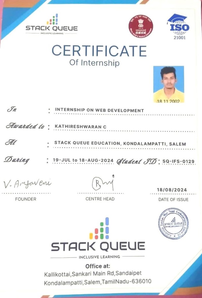Stack Queue Education Web Development Certificate of Internship