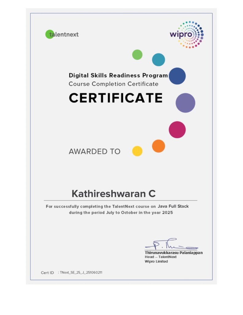 Wipro TalentNext Java Full Stack Course Completion Certificate