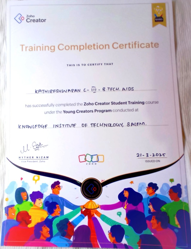 Zoho Creator Student Training Completion Certificate - Young Creators Program